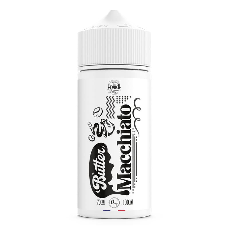 Flacon de 100ml Butter Macchiato The French Bakery, étiquette blanche avec graphismes noirs, café et caramel, bouchon blanc.