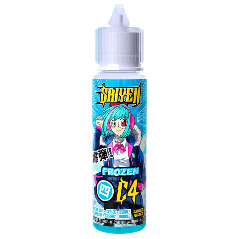Flacon de 50ml E-liquide Saiyen Vapors Frozen C4 avec étiquette bleue illustrée style manga et bouchon blanc sécurisé.