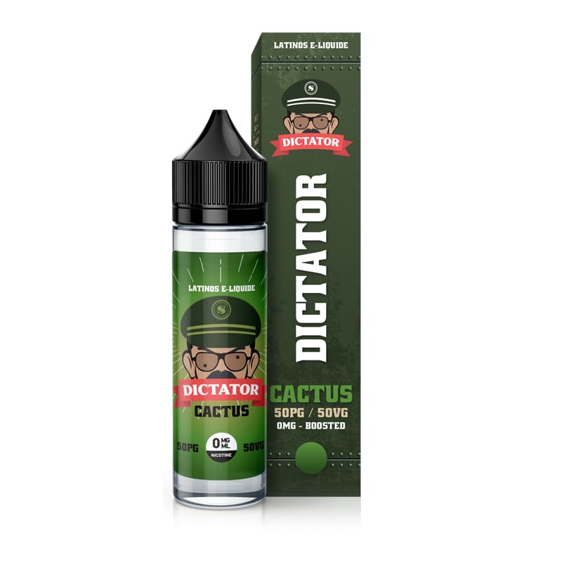 Flacon de 50ml et boîte cartonnée verte Dictator Cactus par Savourea avec illustration de dictateur et bouchon noir.