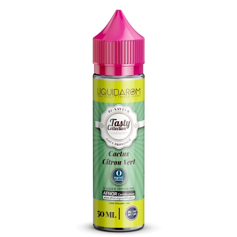 Flacon 50ml d'e-liquide Liquidarom Tasty Collection Cactus Citron Vert avec bouchon rose et étiquette verte.