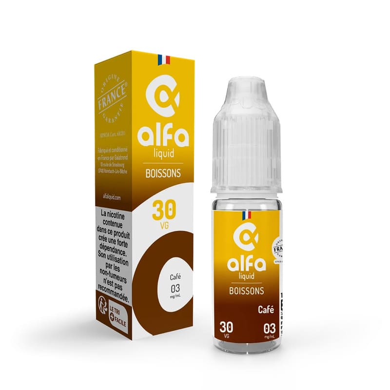 Flacon d'e-liquide Alfaliquid Café 10ml avec sa boîte jaune et marron, design épuré et bouchon de sécurité transparent.