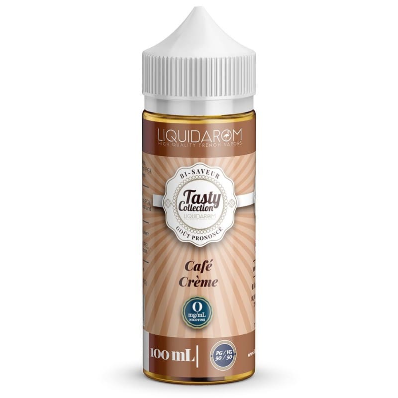 Flacon d'e-liquide Café Crème Tasty Collection 100ml avec étiquette beige à rayures et bouchon blanc.