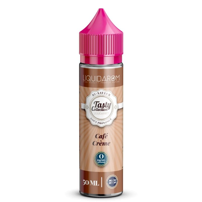 Flacon d'e-liquide Café Crème Tasty Collection 50ml avec bouchon rose vif et étiquette beige élégante sur fond blanc.