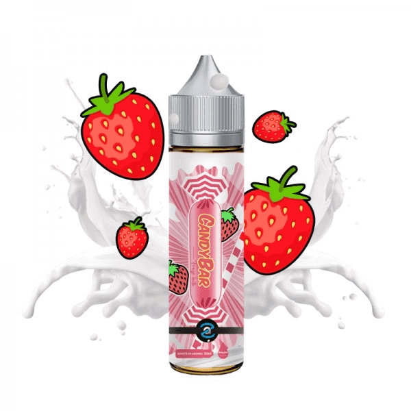 Flacon d'e-liquide Aromazon Candy Bar Fraise Lacté 50ml avec illustrations de fraises et éclaboussures de lait blanc.