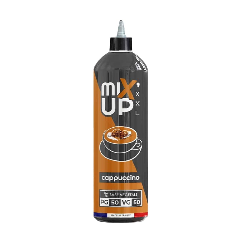 Flacon d'e-liquide Mix'Up XXL Cappuccino 1L avec étiquette orange et noire, design café crémeux, base végétale 50/50.