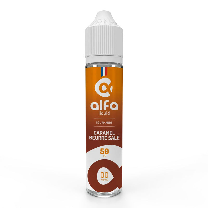 Flacon de 50ml d'e-liquide Alfaliquid Caramel Beurre Salé avec bouchon blanc et étiquette aux tons caramel.