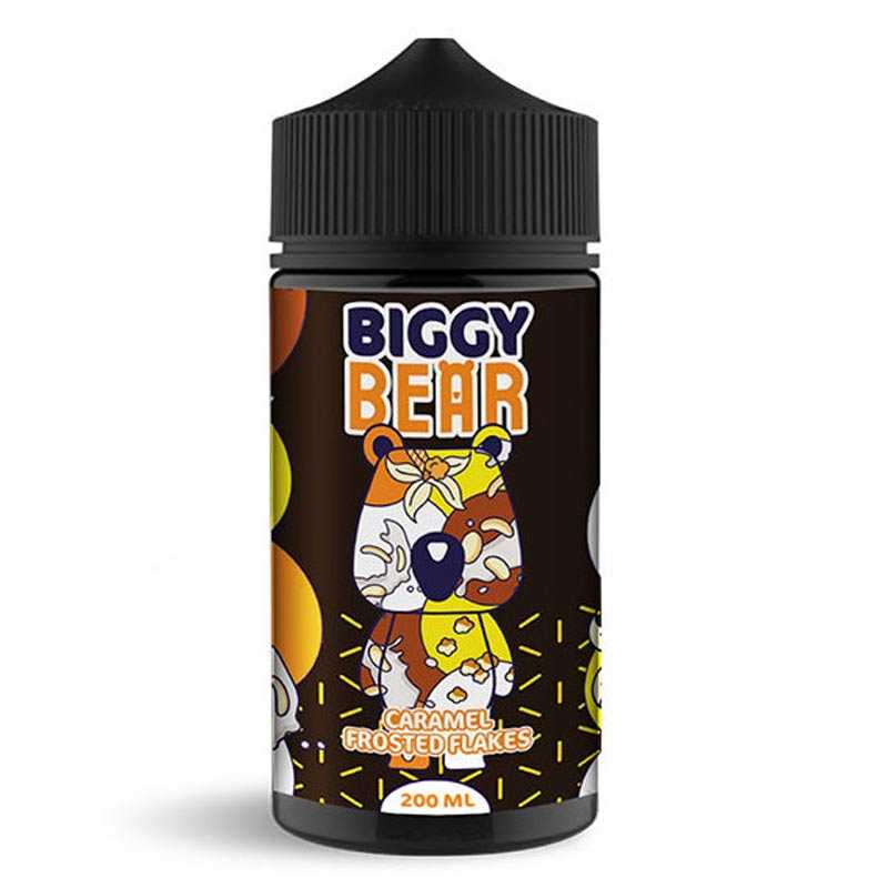 Flacon d'e-liquide Biggy Bear 200ml Caramel Frosted Flakes avec étiquette illustrée d'un ours coloré sur fond noir.