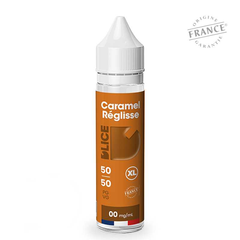 Flacon d'e-liquide D'LICE XL Caramel Réglisse 50ml avec étiquette orange, bouchon blanc et logo Origine France Garantie.