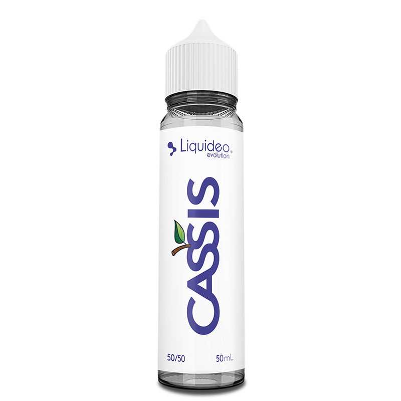 Flacon d'e-liquide Liquideo Cassis 50ml avec bouchon blanc, étiquette blanche et logo violet sur fond blanc.