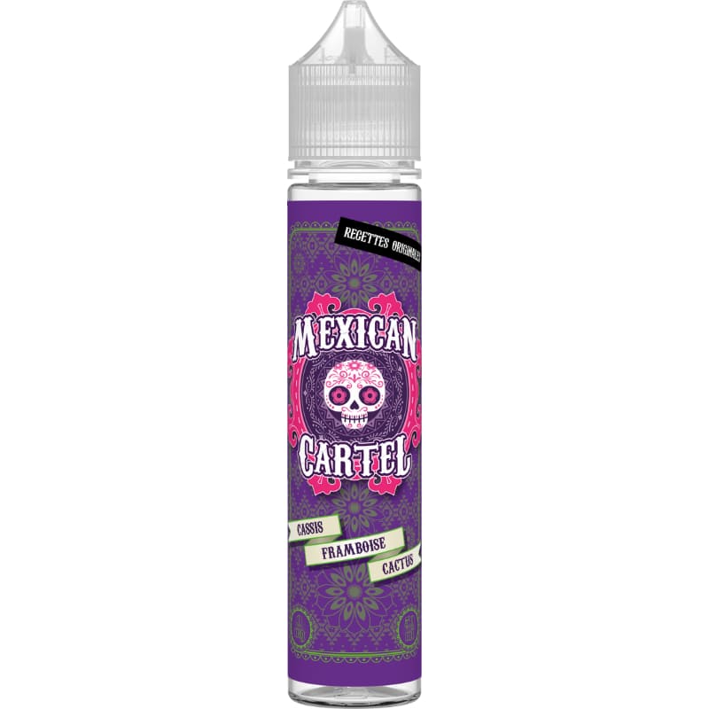 Flacon d'e-liquide Mexican Cartel Cassis Framboise Cactus avec étiquette violette ornée d'un crâne décoré style mexicain.