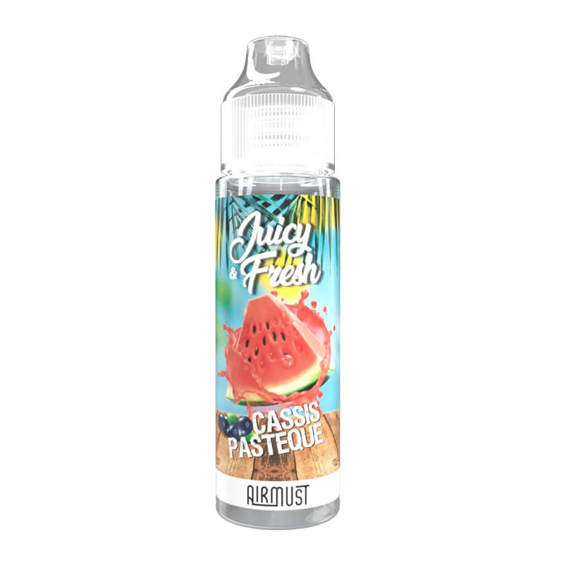 Flacon d'e-liquide 60ml Juicy & Fresh Cassis Pastèque avec étiquette colorée illustrant des fruits tropicaux.