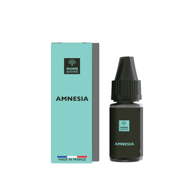Flacon de 10ml de e-liquide CBD Amnesia Marie Jeanne avec sa boîte turquoise et son bouchon noir, fabriqué en France.