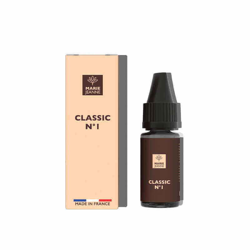 Flacon de 10ml d'e-liquide CBD Marie Jeanne Classic N°1 avec son emballage cartonné beige et ses détails marron.