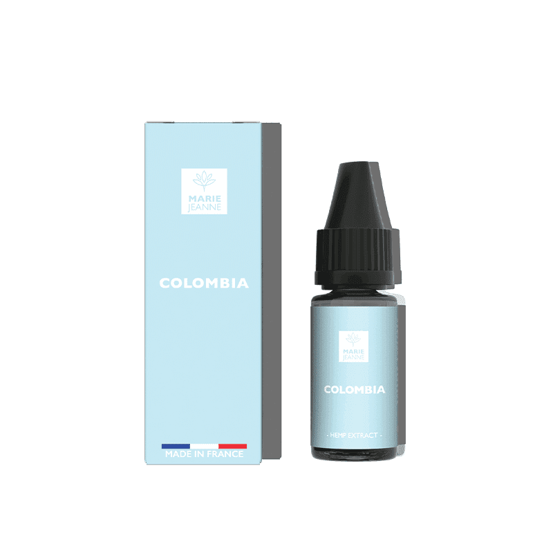 Flacon de 10ml d'e-liquide CBD Marie Jeanne Colombia avec boîte bleu clair et bouchon noir.