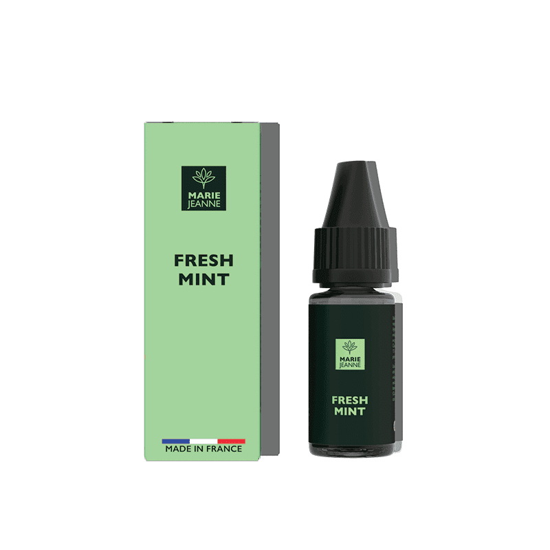 Flacon de 10ml d'e-liquide CBD Marie Jeanne Fresh Mint avec son emballage carton vert menthe et bouchon noir.