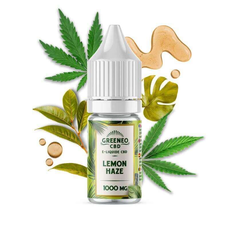 Flacon de 10ml Greeneo Lemon Haze CBD 1000mg avec bouchon blanc, entouré de feuilles de chanvre et motifs botaniques tropicaux.