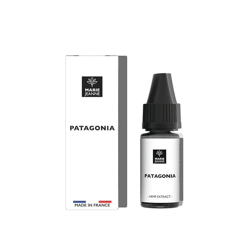 Flacon de 10ml d'e-liquide CBD Marie Jeanne Patagonia avec sa boîte blanche et son bouchon noir sur fond blanc.