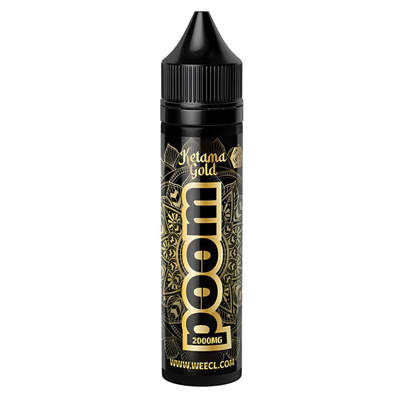 Flacon de 50ml d'e-liquide CBD Weecl Poom Ketama Gold avec étiquette noire et motifs mandala dorés sur fond blanc.
