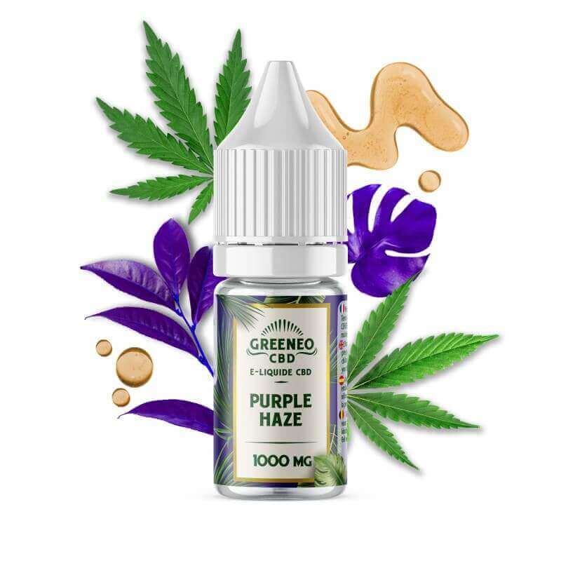 Flacon de 10ml d'e-liquide CBD Greeneo Purple Haze avec bouchon blanc, entouré de feuilles de chanvre et de touches violettes.
