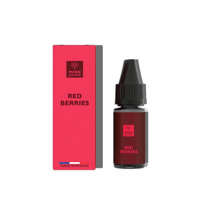 Flacon de 10ml et boîte rouge Marie Jeanne E-liquide CBD Red Berries avec bouchon noir et logo de la marque.