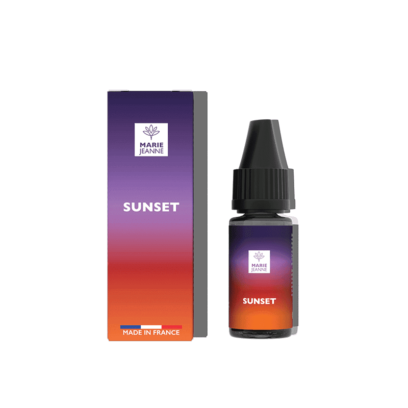 Flacon de 10ml et boîte d'e-liquide CBD Marie Jeanne Sunset avec dégradé de couleurs violet, orange et rouge.