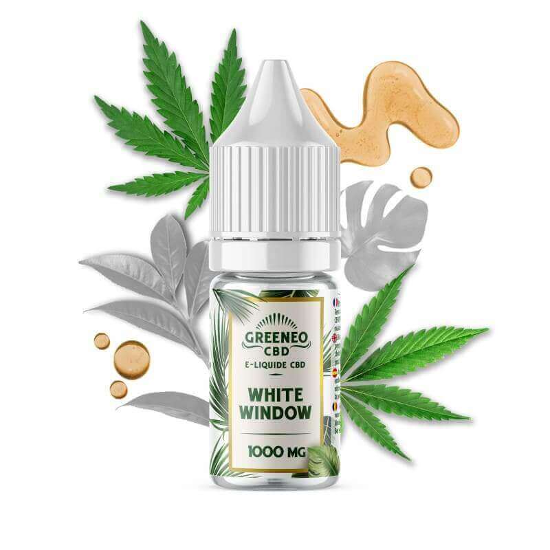 Flacon de 10ml d'e-liquide CBD Greeneo White Window avec bouchon blanc, entouré de feuilles de chanvre et gouttes d'huile.