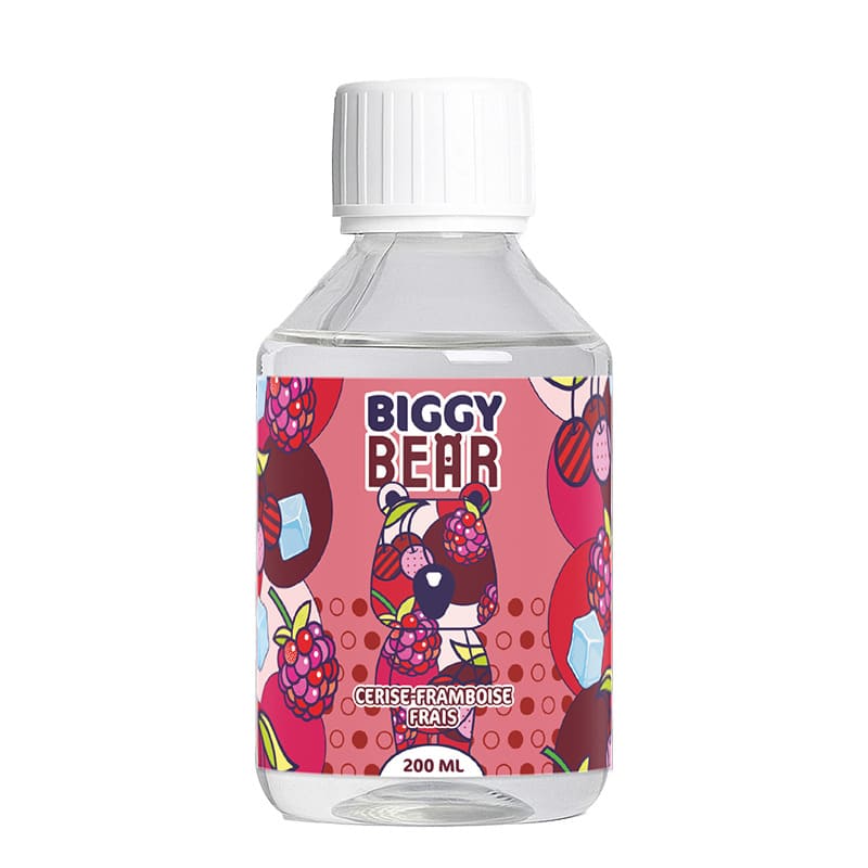 Flacon de 200ml d'e-liquide Biggy Bear Cerise Framboise Frais avec étiquette illustrée d'un ours et fruits rouges.