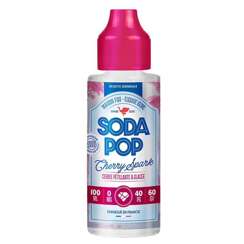 Flacon de 100ml d'e-liquide The Fuu Soda Pop Cherry Spark avec bouchon rose, étiquette bleue et rouge au design fruité.