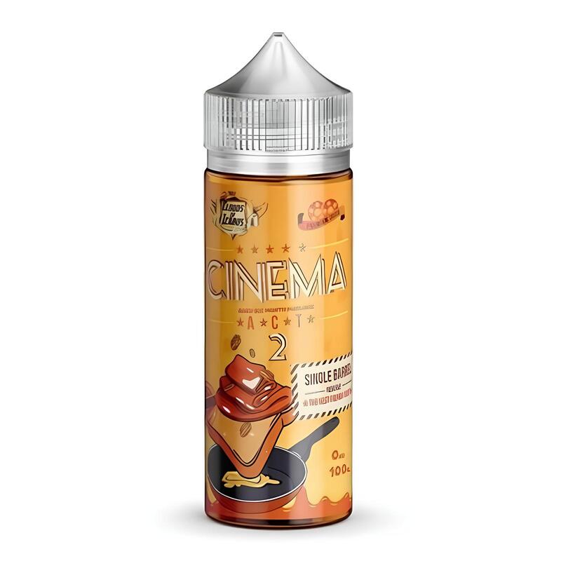 Flacon de 100ml d'e-liquide Cinema Réserve Act 2 avec étiquette orange illustrée de pain perdu, caramel et noix de pécan.