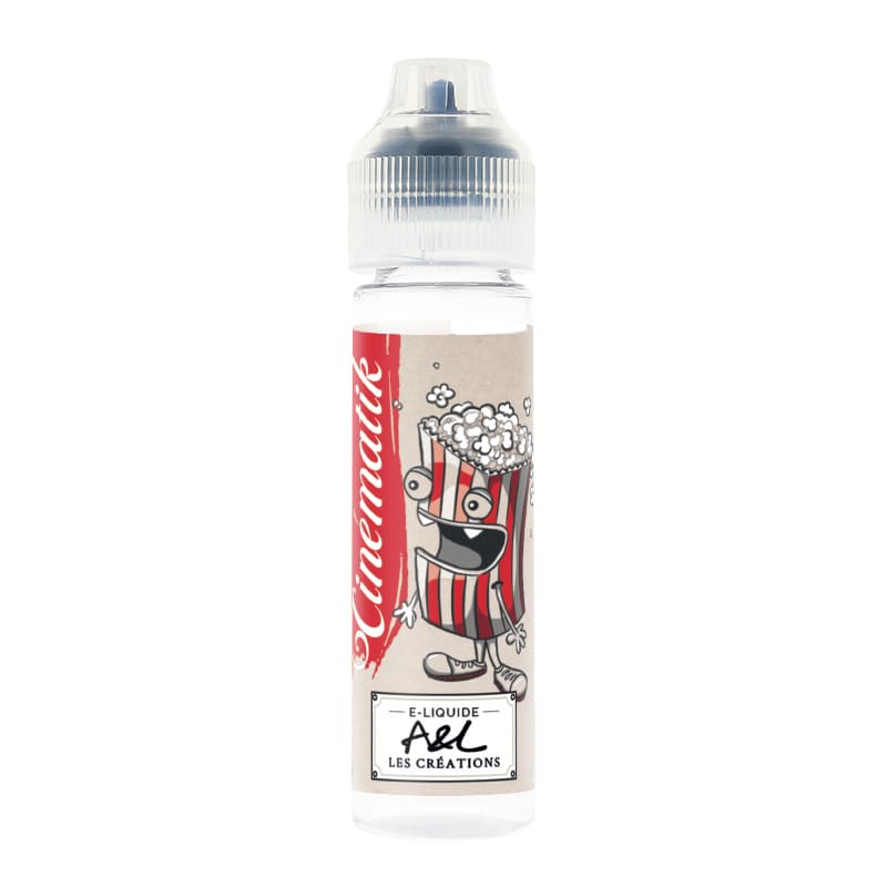 Flacon de 50ml d'e-liquide Cinematik A&L avec étiquette illustrée d'un personnage pop-corn sur fond blanc.