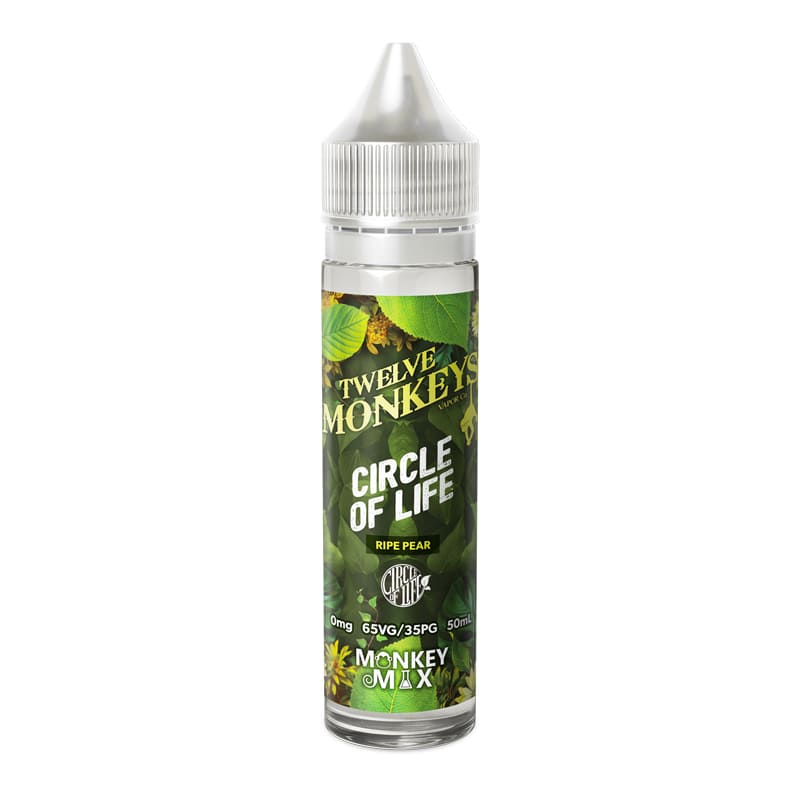 Flacon de 50ml Twelve Monkeys Circle of Life avec étiquette illustrée de poires et feuilles vertes, bouchon blanc.
