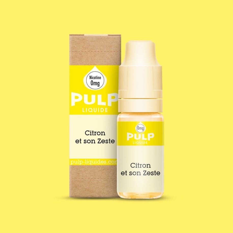 Flacon de 10ml et boîte en carton PULP Citron et Son Zeste, étiquette jaune vif sur fond uni.