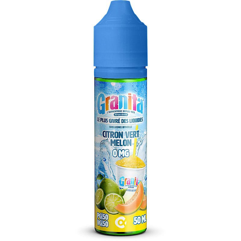 Flacon d'e-liquide Granita 50ml Citron Vert Melon avec bouchon bleu, étiquette colorée illustrant des fruits et un granité.