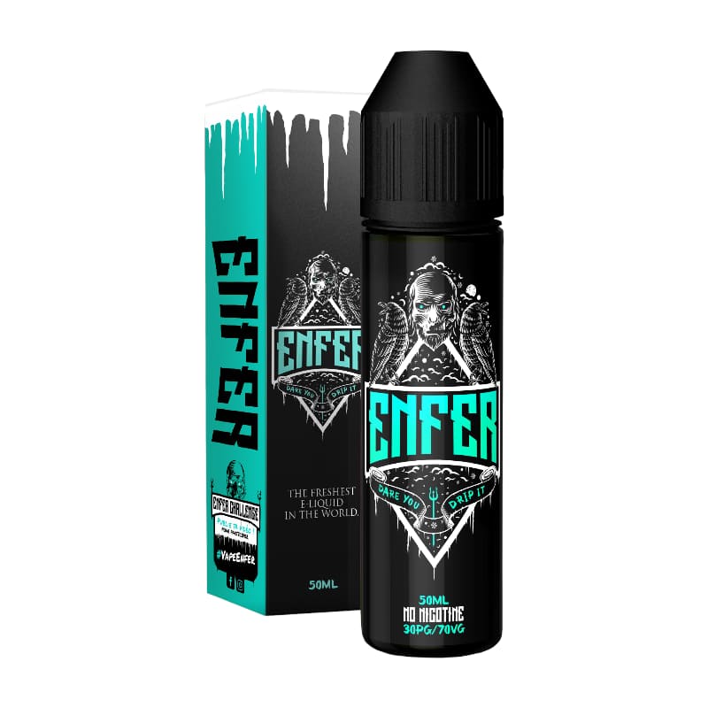 Flacon d'e-liquide Enfer Classic 50ml noir avec étiquette tête de mort, accompagné de sa boîte assortie turquoise et noire.