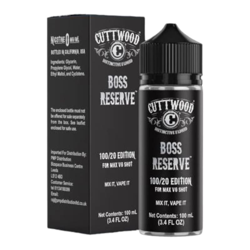 Flacon de 100ml et boîte noire Cuttwood Boss Reserve avec étiquette blanche distinctive et bouchon noir.
