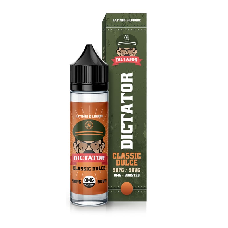 Flacon de 50ml et boîte verte Dictator Classic Dulce de Savourea avec illustration de dictateur et étiquette orange.