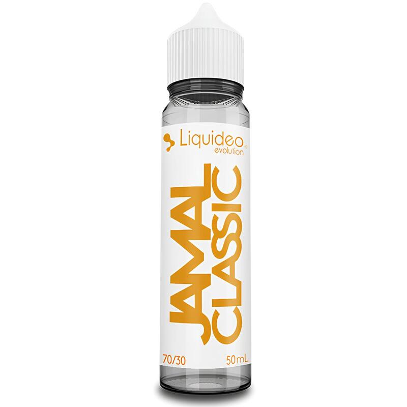 Flacon d'e-liquide Liquideo Evolution Jamal 50ml avec étiquette blanche et texte orange, bouchon blanc à vis.