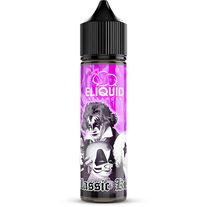 Flacon de 50ml Eliquid France Classic Kiss avec étiquette rose et portraits de musiciens maquillés style rock.