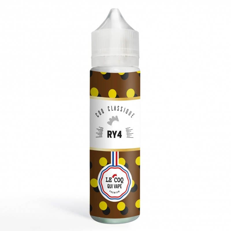 Flacon de 50ml Le Coq Qui Vape Classique RY4 avec étiquette à pois marron et jaune et logo de la marque française.