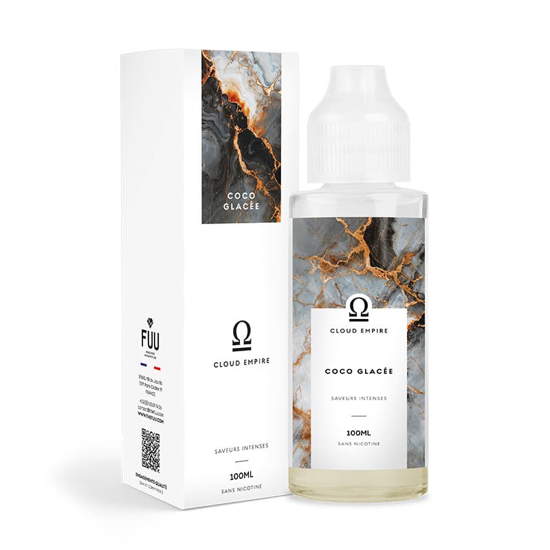 Flacon de 100ml et boîte blanche Coco Glacée Cloud Empire FUU avec design marbré noir et doré.
