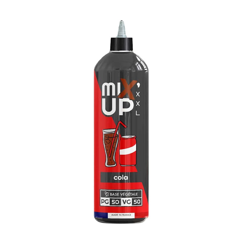 Flacon de 1 litre d'e-liquide Mix'Up XXL saveur cola, design noir et rouge avec illustrations de soda, base 50/50 PGV/VG.