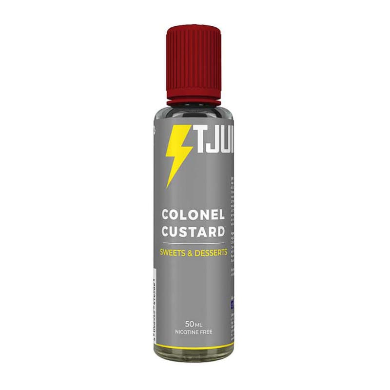 Flacon de 50ml d'e-liquide T-Juice Colonel Custard avec étiquette grise, logo éclair jaune et bouchon rouge vissé.
