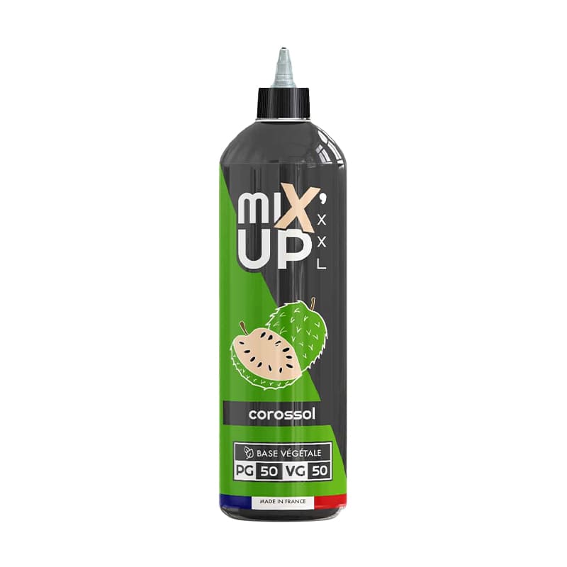 Flacon d'e-liquide Mix'Up XXL Corossol 1 litre avec étiquette verte et illustration de fruit exotique sur fond noir.