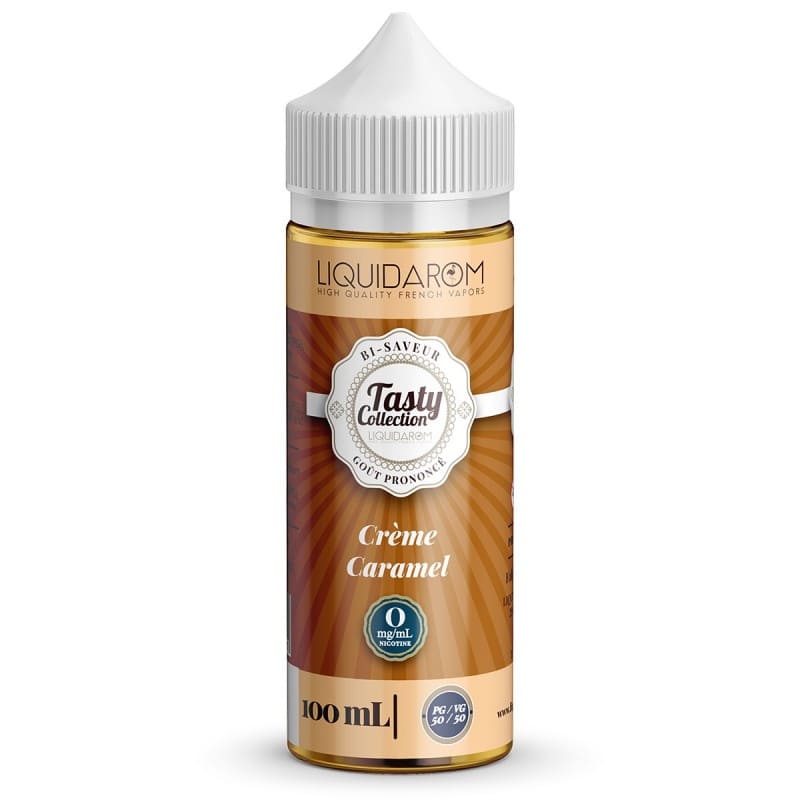 Flacon d'e-liquide Tasty Collection Crème Caramel 100ml avec étiquette brune et bouchon blanc à vis.