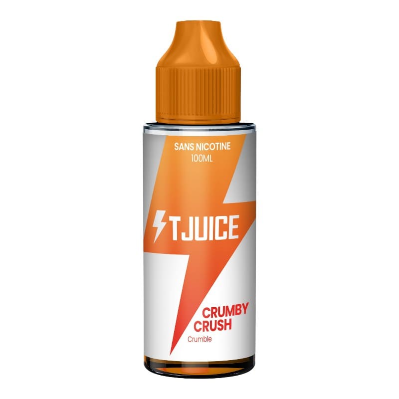 Flacon d'e-liquide T-Juice Crumby Crush 100ml avec bouchon orange et étiquette blanche ornée d'un éclair orange.