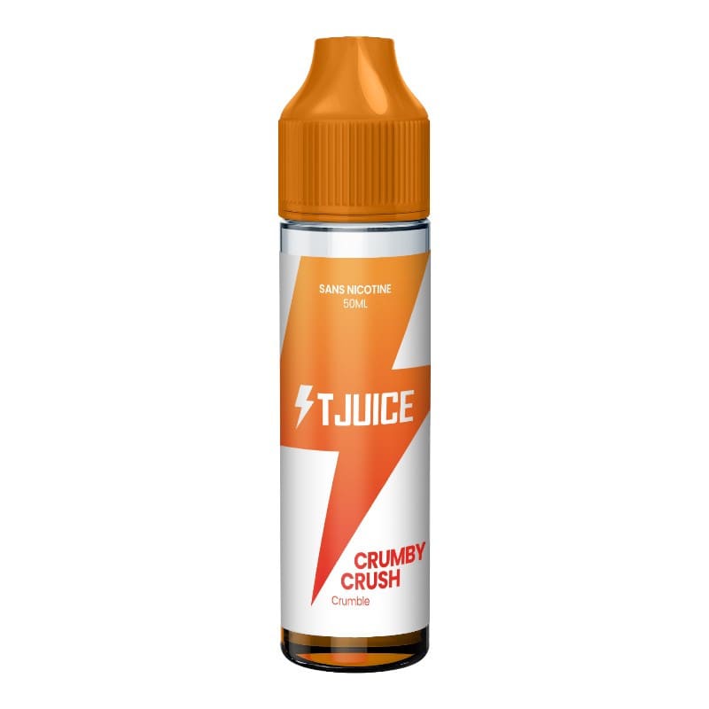 Flacon d'e-liquide T-Juice Crumby Crush 50ml avec bouchon orange et étiquette blanche à motif d'éclair orange.