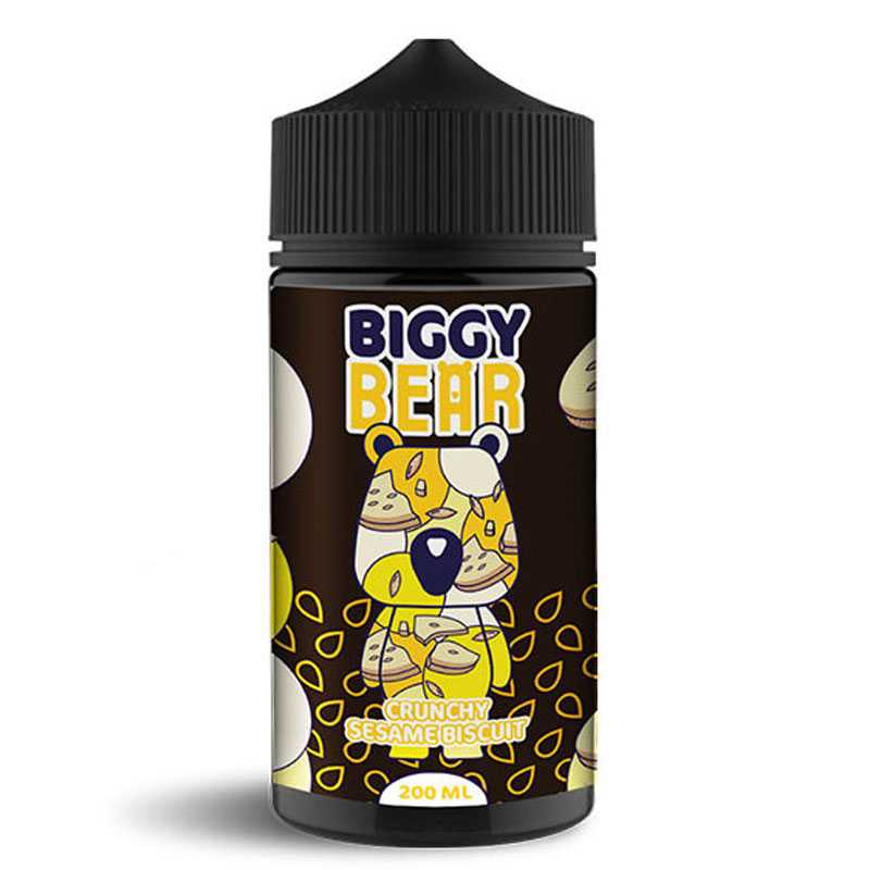 Flacon d'e-liquide Biggy Bear Crunchy Sesame Biscuit 200ml avec étiquette illustrée d'un ours jaune et noir.