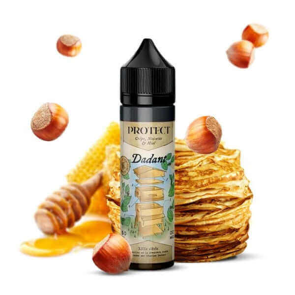 Flacon d'e-liquide Protect Dadant 50ml entouré de crêpes, de noisettes et d'un filet de miel sur fond blanc.