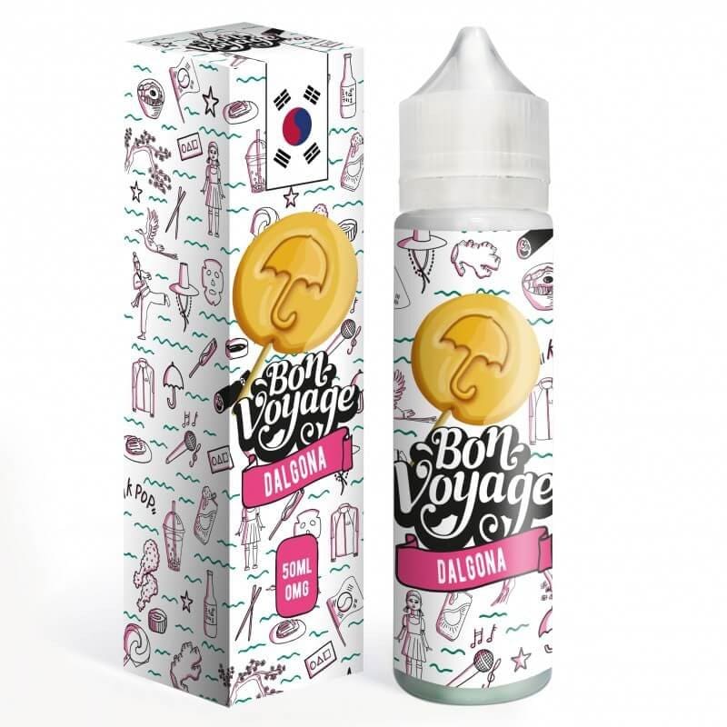 Flacon et boîte d'e-liquide Bon Voyage Dalgona 50ml avec illustration de sucette coréenne sur fond blanc à motifs.
