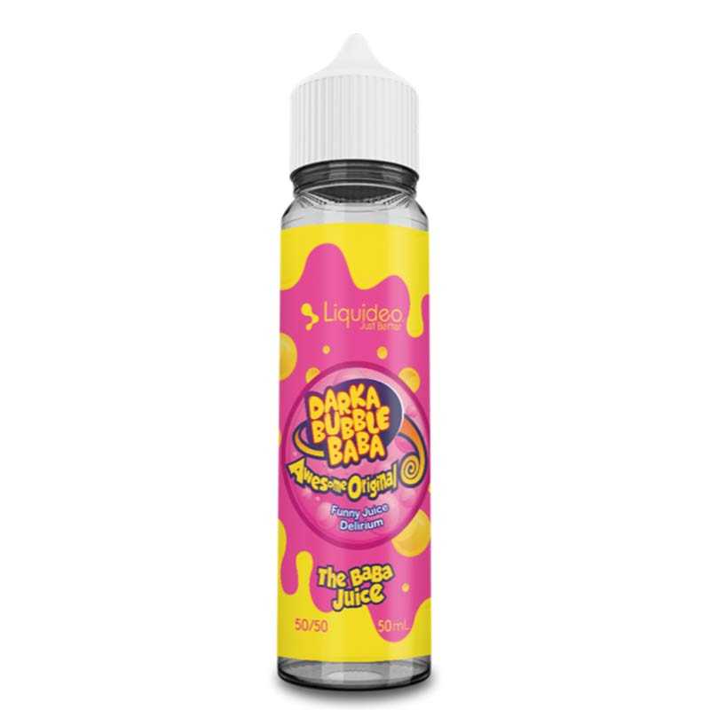 Flacon de 50ml Liquideo Darka Bubble Baba avec étiquette rose et jaune, design bubble gum ludique et bouchon blanc.